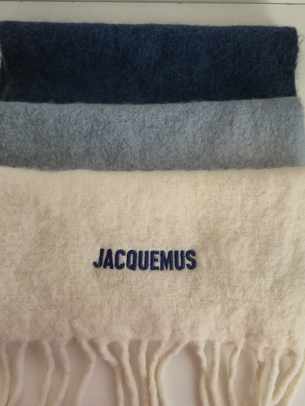 Jacquemus Oversized Alpaca Blanket Logo Scarf, Cream Blue Gradient, Italy